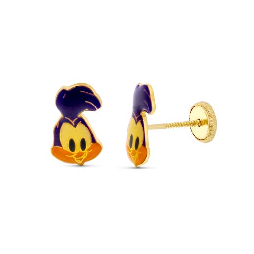 18K Pendientes Oro Amarillo Correcaminos. 10X6 Mm Cierre Tuerca