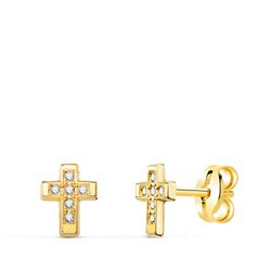 18K Pendientes Oro Amarillo Cruz Con Circonita 6,5 X 5 Mm Cierre Presion