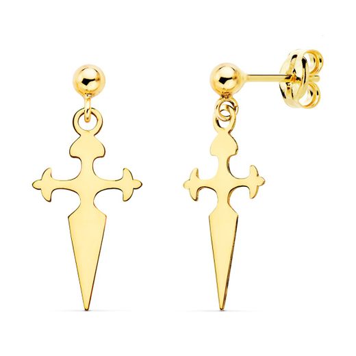 18K Pendientes Oro Amarillo Cruz De Santiago 17X8 Mm Bola 3 Mm Presion