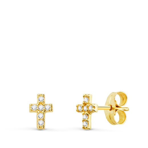 18K Pendientes Oro Amarillo Cruz Diamantes 0,06 Qts Si-H. 6X4 Mm Cierre Presion