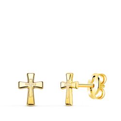 18K Pendientes Oro Amarillo Cruz En Brillo 6 X 4,5 Mm. Cierre Presion