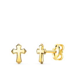 18K Pendientes Oro Amarillo Cruz En Brillo 6 X 4,5 Mm. Cierre Presion