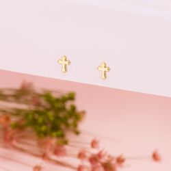 18K Pendientes Oro Amarillo Cruz En Brillo 6 X 4,5 Mm. Cierre Presion