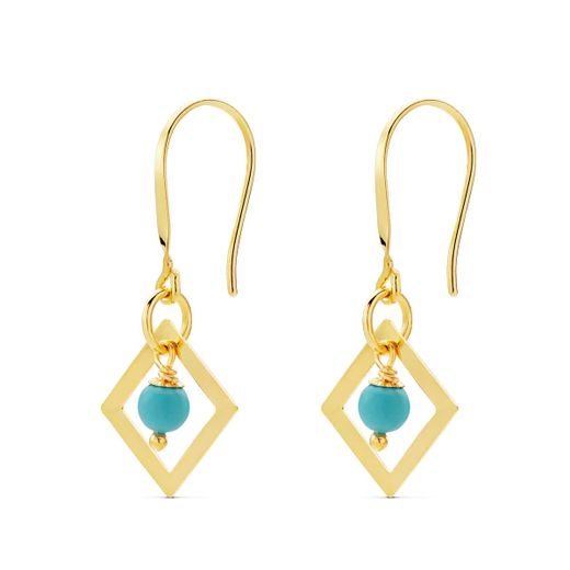 18K Pendientes Oro Amarillo Cuadrado Coral O Turquesa 30X14 Mm Cierre Gancho