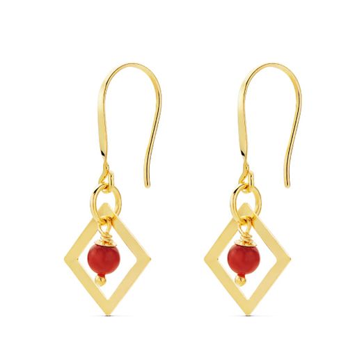 18K Pendientes Oro Amarillo Cuadrado Coral O Turquesa 30X14 Mm Cierre Gancho