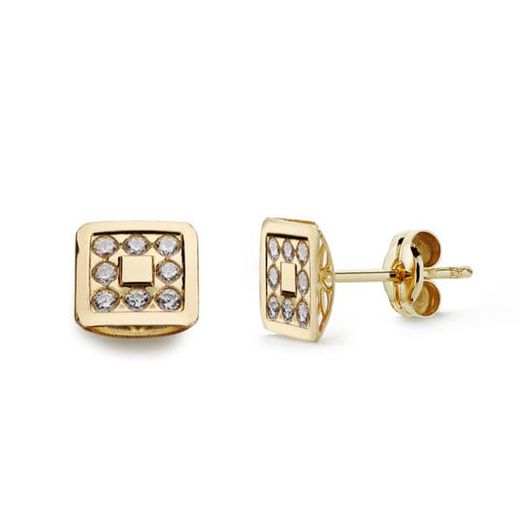 18K Pendientes Oro Amarillo Cuadrados Circonita 7X7 Mm Cierre Presion