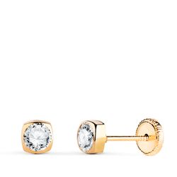 18K Pendientes Oro Amarillo Cuadrados Con Circonita. Medida: 4X4Mm. Cierre Tuerca