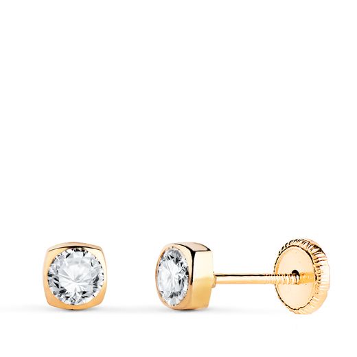 18K Pendientes Oro Amarillo Cuadrados Con Circonita. Medida: 4X4Mm. Cierre Tuerca
