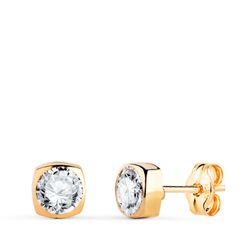 18K Pendientes Oro Amarillo Cuadrados Con Circonita. Medida: 5X5Mm. Cierre Presion