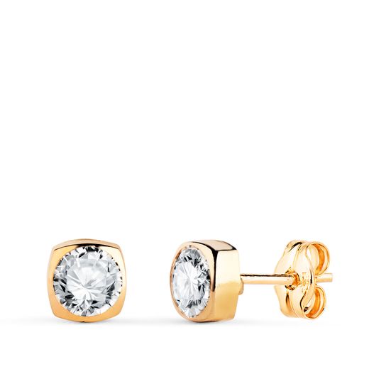 18K Pendientes Oro Amarillo Cuadrados Con Circonita. Medida: 5X5Mm. Cierre Presion
