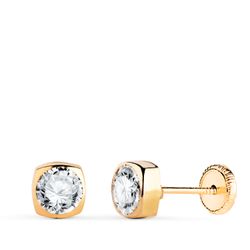 18K Pendientes Oro Amarillo Cuadrados Con Circonita. Medida: 5X5Mm. Cierre Tuerca