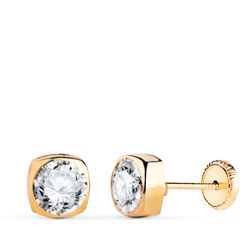 18K Pendientes Oro Amarillo Cuadrados Con Circonita. Medida: 6X6Mm. Cierre Tuerca