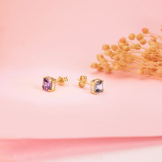18K Pendientes Oro Amarillo Cuadrados Piedra Color Aguamarina 5,5 X 5,5 Mm. Cierre Presion