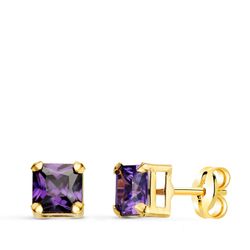 18K Pendientes Oro Amarillo Cuadrados Piedra Color Amatista 5,5 X 5,5 Mm. Cierre Presion