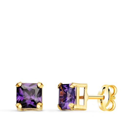 18K Pendientes Oro Amarillo Cuadrados Piedra Color Amatista 5,5 X 5,5 Mm. Cierre Presion