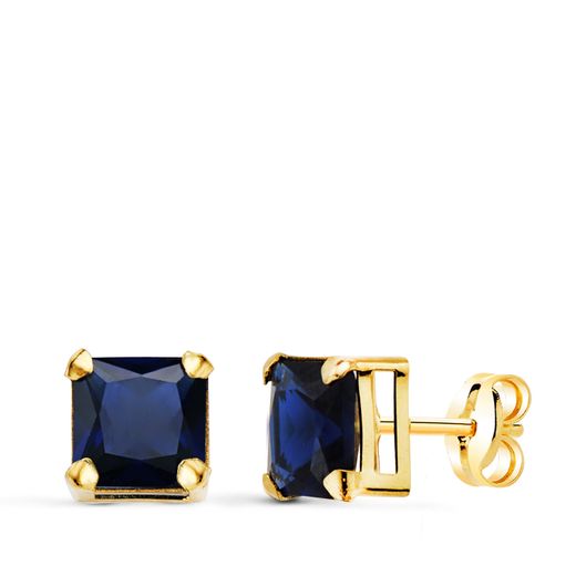 18K Pendientes Oro Amarillo Cuadrados Piedra Color Azul 6 X 6 Mm. Cierre Presion
