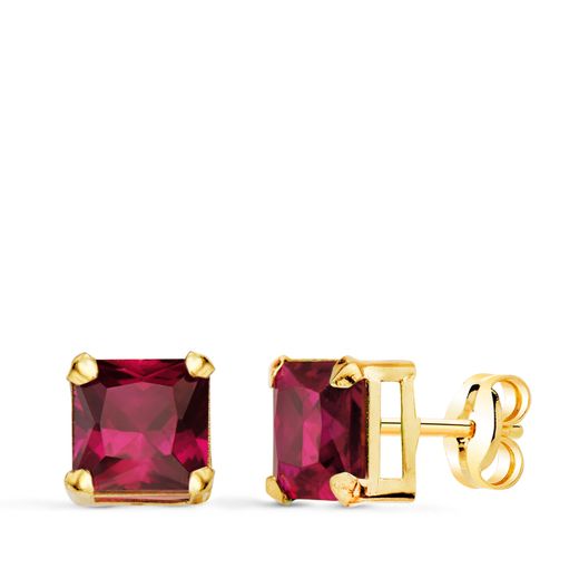18K Pendientes Oro Amarillo Cuadrados Piedra Color Rojo 6 X 6 Mm. Cierre Presion