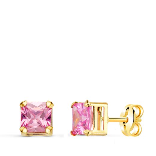18K Pendientes Oro Amarillo Cuadrados Piedra Color Rosa 5,5 X 5,5 Mm. Cierre Presion