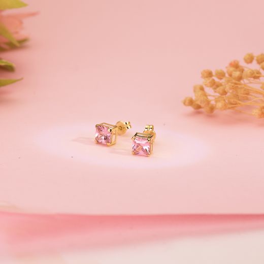 18K Pendientes Oro Amarillo Cuadrados Piedra Color Rosa 5,5 X 5,5 Mm. Cierre Presion