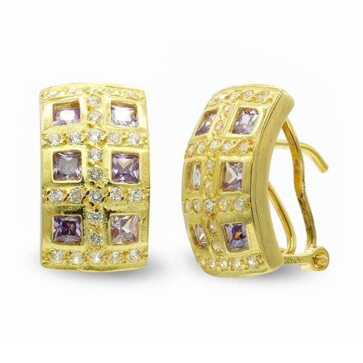 18K Pendientes Oro Amarillo Cuadros Con Circonita Cierre Omega
