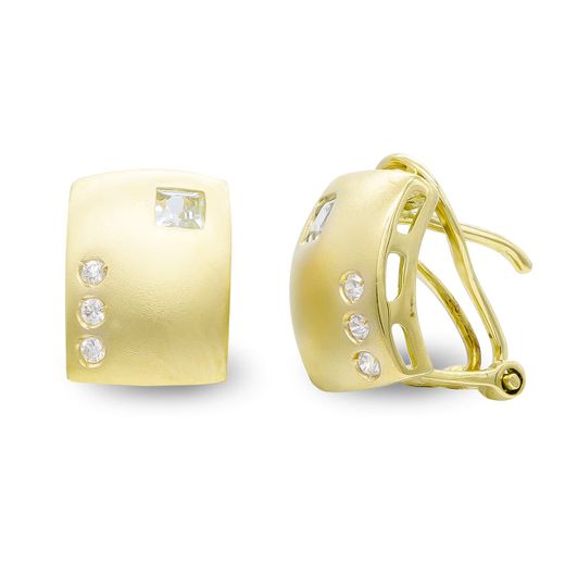18K Pendientes Oro Amarillo Cuadros Mate Y Brillo Y Circonita Cierre Omega