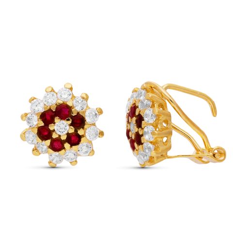 18K Pendientes Oro Amarillo Cuajo Redondo 19 Circonita Cierre Omega