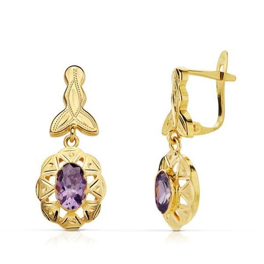 18K Pendientes Oro Amarillo Cubanas Amatista 23X10 Mm Cierre Catalán