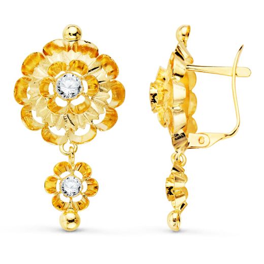 18K Pendientes Oro Amarillo Cubanas Con Circonita 32X16 Mm Cierre Catalan