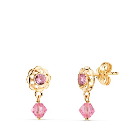 18K Pendientes Oro Amarillo Cubanas Con Circonitas Rosas. Medida: 14 X 6,5 Mm Cierre Presion
