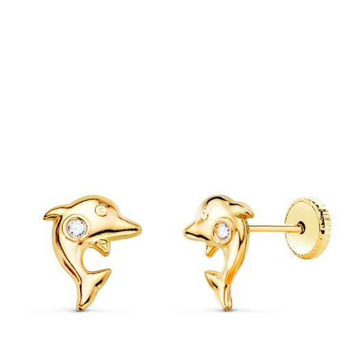 18K Pendientes Oro Amarillo Delfines Con Circonita 8 X 6 Mm. Cierre Tuerca