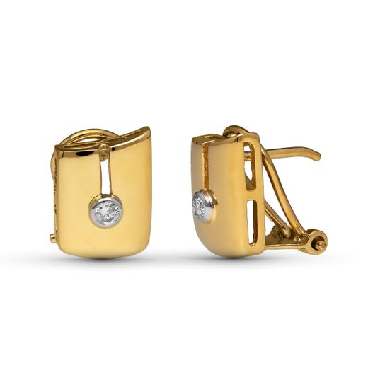 18K Pendientes Oro Amarillo Diamantes Talla Brillante 0.10 Qts. 12X8 Mm Cierre Omega