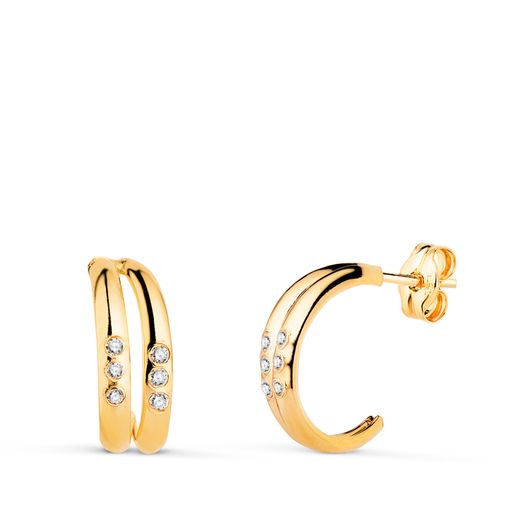 18K Pendientes Oro Amarillo Doble Aro Bandas Con Circonitas, Medida: 13 X 4,5 Mm. Cierre Presion