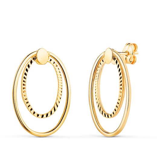 18K Pendientes Oro Amarillo Doble Aro Oval Liso Y Tallado. Medida: 19X13 Mm. Cierre Presion