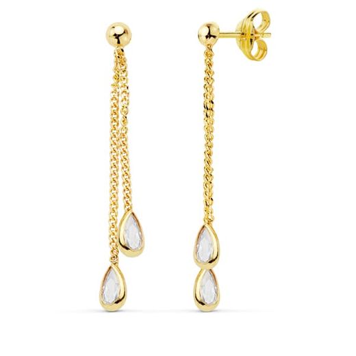 18K Pendientes Oro Amarillo Doble Cadenita 34 Mm Cierre Presion