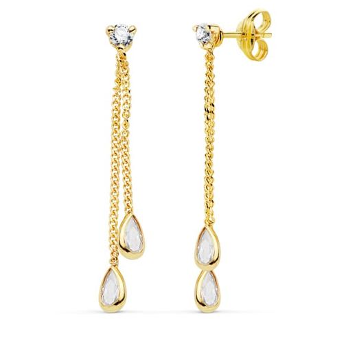 18K Pendientes Oro Amarillo Doble Cadenita Y Piedras Cierre Presion