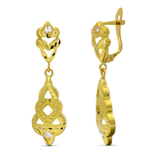 18K Pendientes Oro Amarillo Dos Cuerpos Cigarron Tallado Con Circonita 31X10 Mm Catalan
