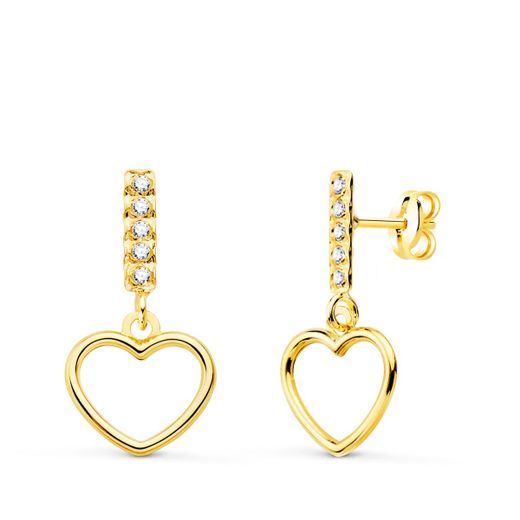 18K Pendientes Oro Amarillo Dos Cuerpos Colgante Corazon Y Circonita 17X9 Mm
