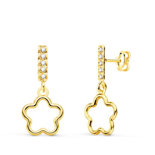 18K Pendientes Oro Amarillo Dos Cuerpos Colgante Flor Y Circonita 18X8 Mm