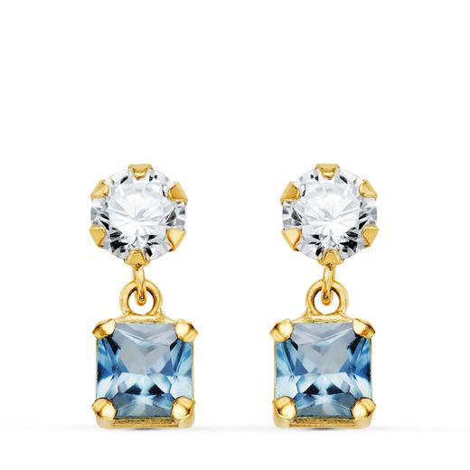18K Pendientes Oro Amarillo Dos Cuerpos Con Circonita Y Agua Marina Cuadrada 14 X 5Mm. Cierre Presion