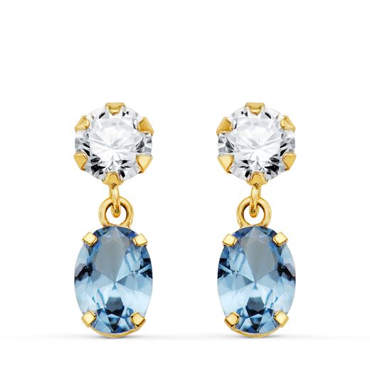 18K Pendientes Oro Amarillo Dos Cuerpos Con Circonita Y Aguamarina Oval 16 X 5Mm. Cierre Presion