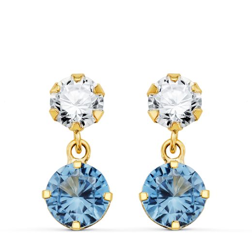 18K Pendientes Oro Amarillo Dos Cuerpos Con Circonita Y Aguamarina Redonda 15 X 6Mm. Cierre Presion
