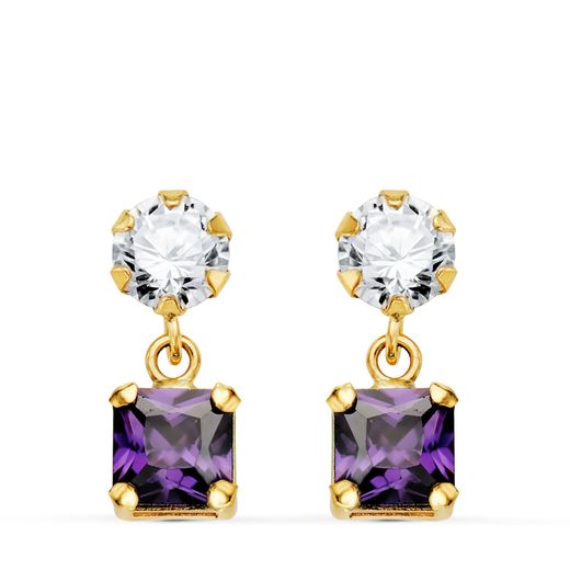 18K Pendientes Oro Amarillo Dos Cuerpos Con Circonita Y Amatista Cuadrada 14 X 5Mm. Cierre Presion