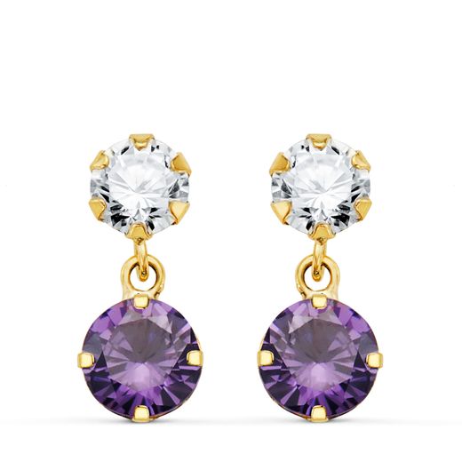 18K Pendientes Oro Amarillo Dos Cuerpos Con Circonita Y Amatista Redonda 15 X 6 Mm. Cierre Presion