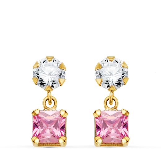 18K Pendientes Oro Amarillo Dos Cuerpos Con Circonita Y Piedra Rosa Cuadrada 14 X 5Mm. Cierre Presion