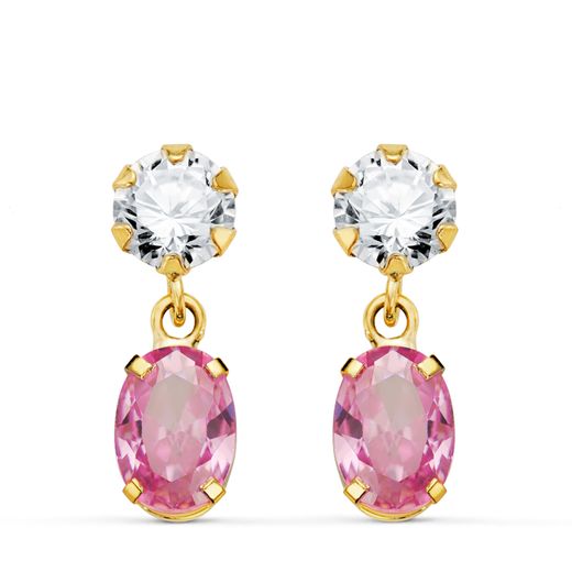 18K Pendientes Oro Amarillo Dos Cuerpos Con Circonita Y Piedra Rosa Oval 16 X 5Mm. Cierre Presion