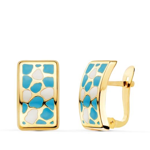 18K Pendientes Oro Amarillo Esmalte Azul Y Blanco. 14 X 9 Mm. Cierre Catalan