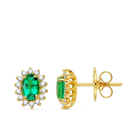 18K Pendientes Oro Amarillo Esmeralda 6X4 Mm 0,78 Qt Y Diamantes 0,280Qt Vs2-G. 9,5X8 Mm Cierre Presion