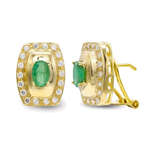 18K Pendientes Oro Amarillo Esmeralda 6X4 Mm Circonita Cierre Omega