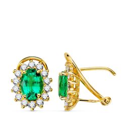 18K Pendientes Oro Amarillo Esmeralda 7X5 Mm 1,50Qt Y Diamantes 0,580Qt Vs-2 G. 11,5X9,5 Mm Cierre Omega