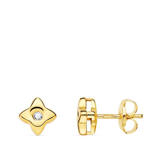 18K Pendientes Oro Amarillo Estrella 5.5X5.5 Mm Diamante 0.040 Qt. G-Vs2. Cierre Presion